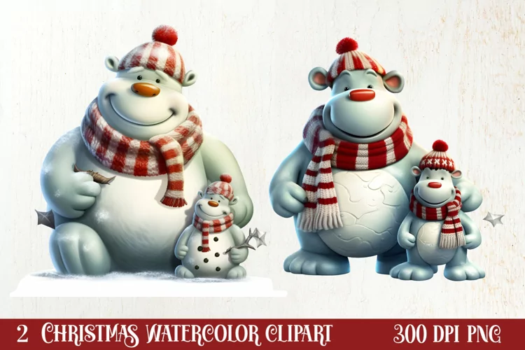 Cute Christmas Hippo Sublimation Clipart, Christmas Clipart