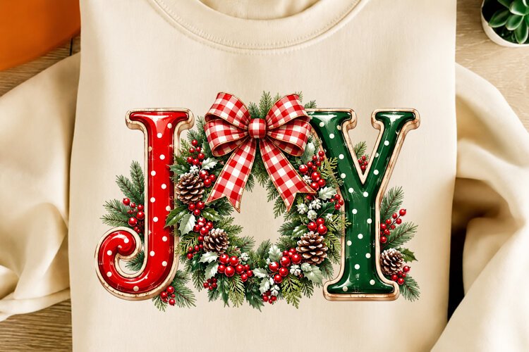 JOY Christmas Wreath PNG | Rustic Plaid Bow Sublimation Png example image 1