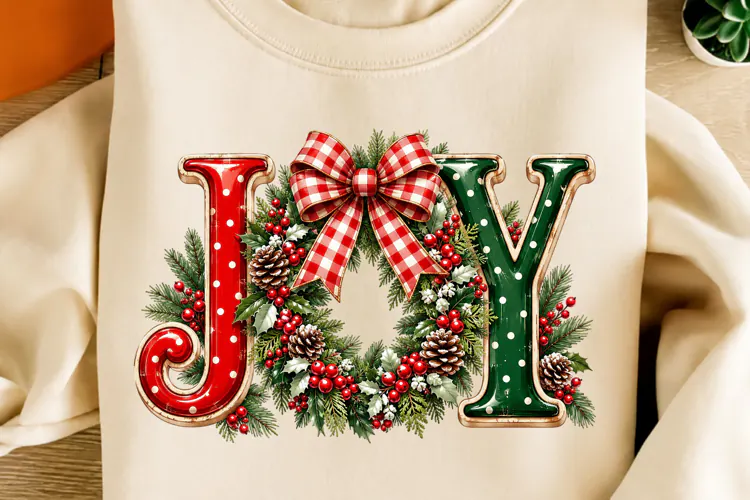 JOY Christmas Wreath PNG | Rustic Plaid Bow Sublimation Png