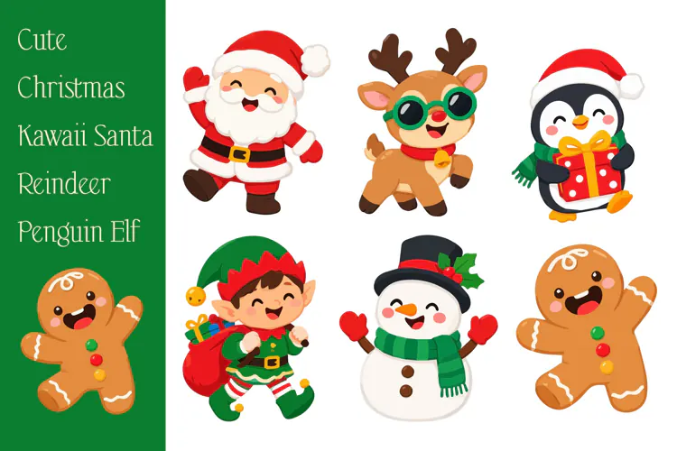 Cute Christmas Kawaii Santa Reindeer Penguin Elf