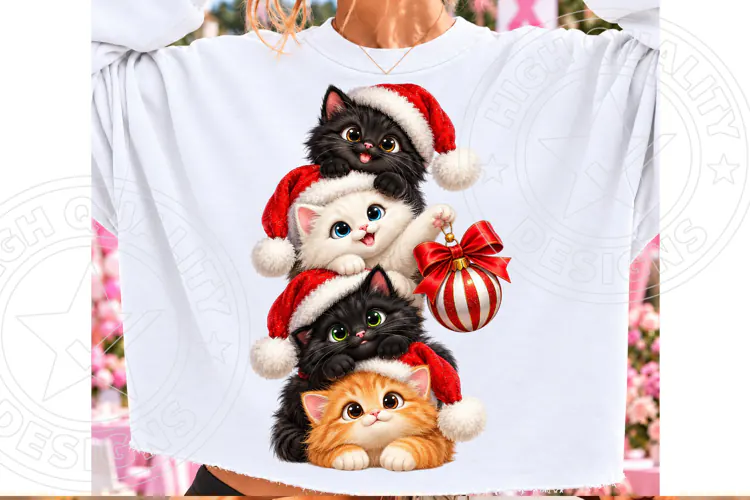 Cute Christmas Kittens Santa Hat Cat Family Holiday PNG