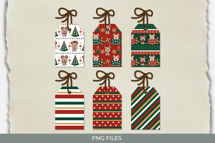 Cute Christmas Mouse Seamless Pattern Shaped Tags