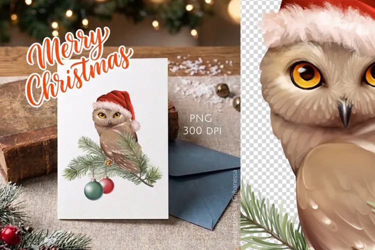 Cute Christmas Owl with Santa Hat PNG