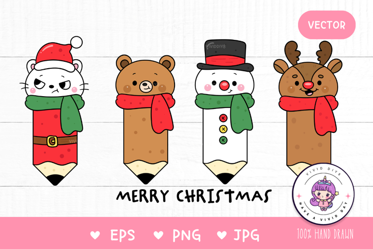 Cute Christmas pencil cat reindeer snowman teddy bear kawaii