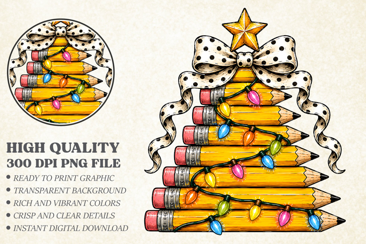 Cute Christmas Pencil Tree Teacher Bow PNG Sublimation