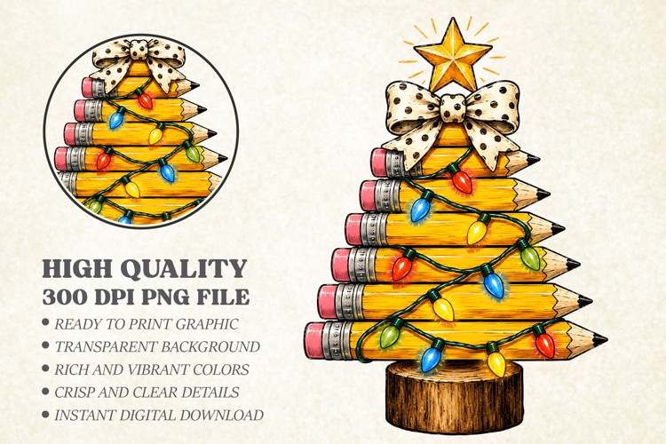 Cute Christmas Pencil Tree Teacher Trunk PNG, Sublimation