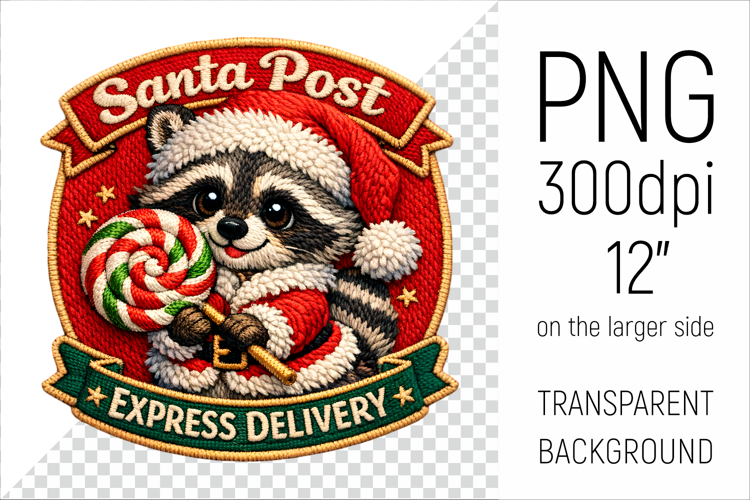 Cute Christmas Raccoon Patch | Santa Post Express Delivery