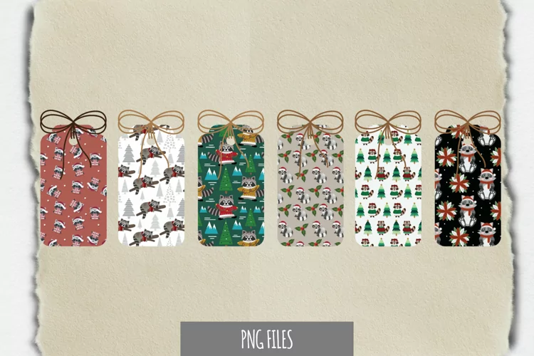 Cute Christmas Raccoon Seamless Pattern Tags