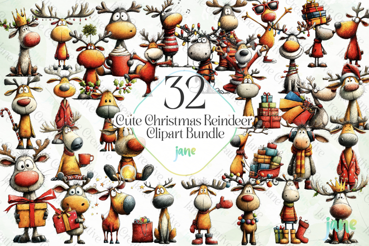 Cute Christmas Reindeer Clipart Bundle