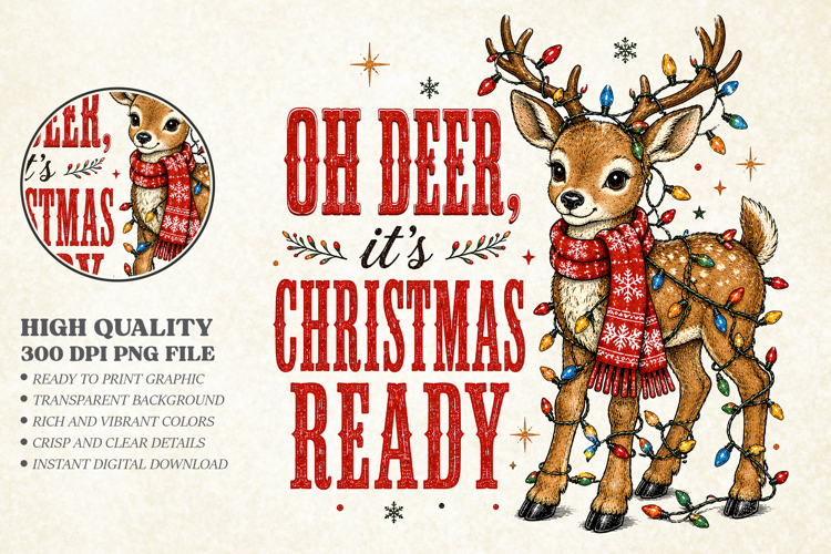 Cute Christmas Reindeer Lights PNG - Oh Deer Shirt Art