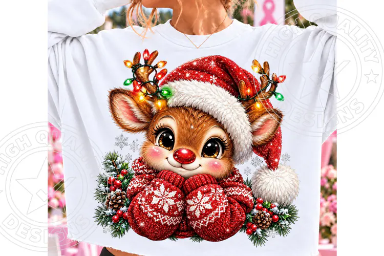 Cute Christmas Reindeer PNG | Santa Hat & Christmas Lights S
