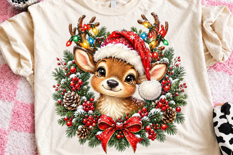 Cute Christmas Reindeer Santa Hat & Christmas Lights Wreath