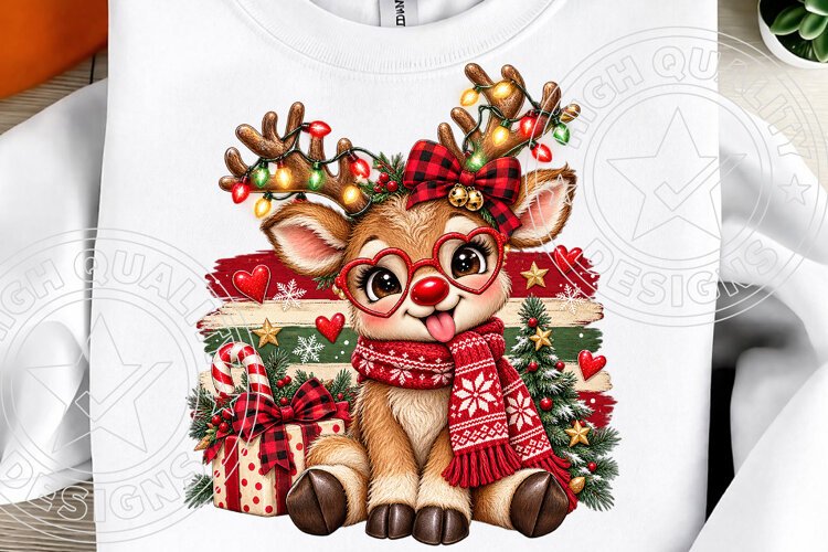 Cute Christmas Reindeer, Heart Glasses, Buffalo Plaid Bow & example image 1