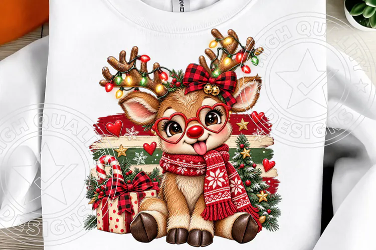 Cute Christmas Reindeer, Heart Glasses, Buffalo Plaid Bow &