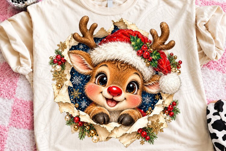 Cute Christmas Reindeer Santa Hat Torn Paper Holiday PNG example image 1