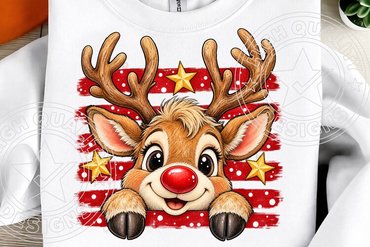 Cute Christmas Reindeer Red Nose & Rustic Red Stripe Holiday example image 1