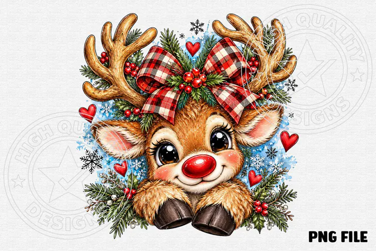 Cute Christmas Reindeer Rustic Plaid Bow Holiday Design