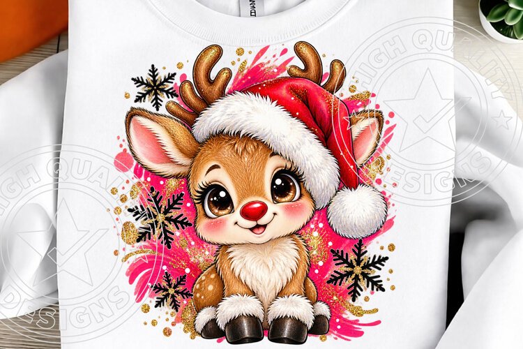 Cute Christmas Reindeer Santa Hat, Red Nose & Pink Winter Ho example image 1