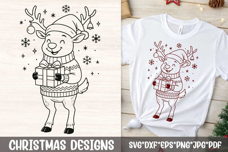 Cute Christmas Reindeer SVG | Gift Box Sweater Line Art