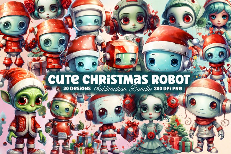 Cute Christmas Robot Sublimation Clipart, Cute Christmas