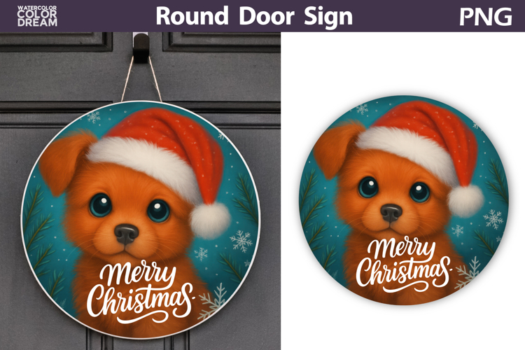 Cute Dog Round Sign | Merry Christmas Door Sign