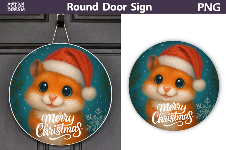 Cute Hamster Round Sign | Merry Christmas Door Sign