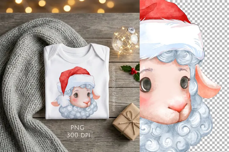 Cute Christmas Sheep in Santa Hat | PNG illustration
