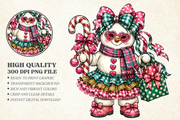Cute Christmas Snowman Coquette Bow Girl PNG, Candy Cane example image 1