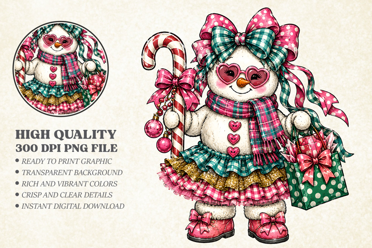 Cute Christmas Snowman Coquette Bow Girl PNG, Candy Cane