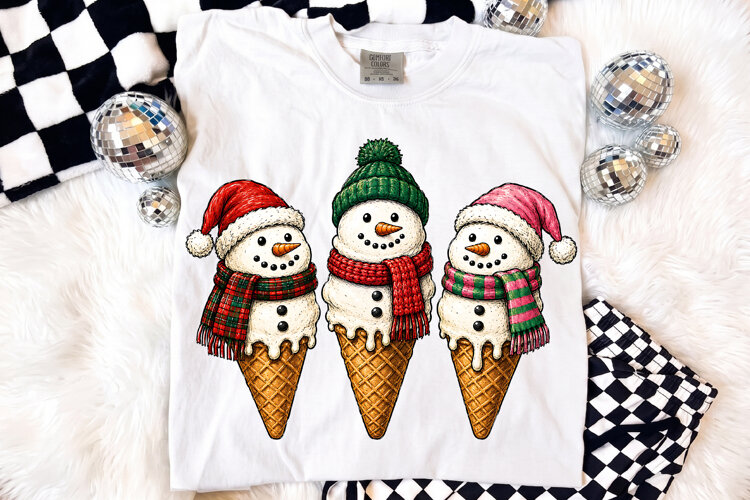 Cute Christmas Snowman Ice Cream Cone PNG, Sublimation Shirt example image 1