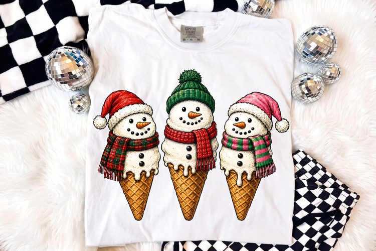 Cute Christmas Snowman Ice Cream Cone PNG, Sublimation Shirt