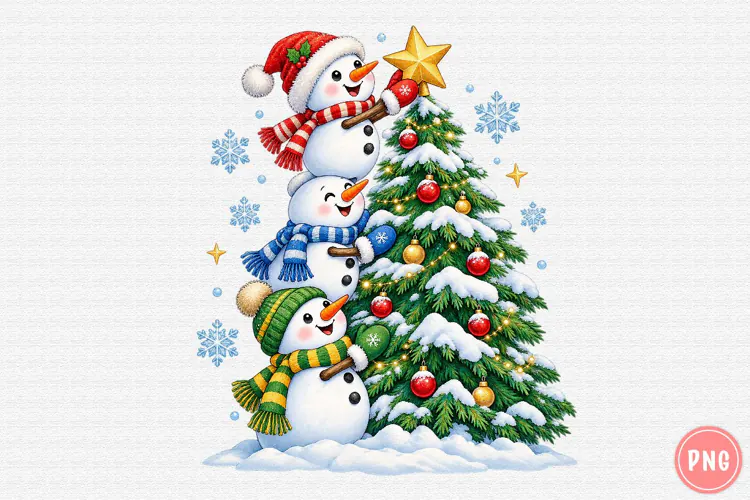 Christmas Snowmen Decorating a Tree PNG | Cute Winter Png