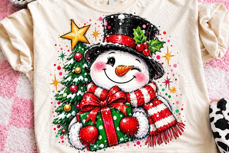 Christmas Snowman PNG with Gift Cute Snowman in Top Hat and example image 1