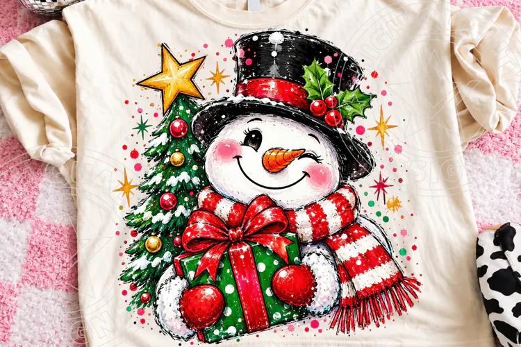 Christmas Snowman PNG with Gift Cute Snowman in Top Hat and