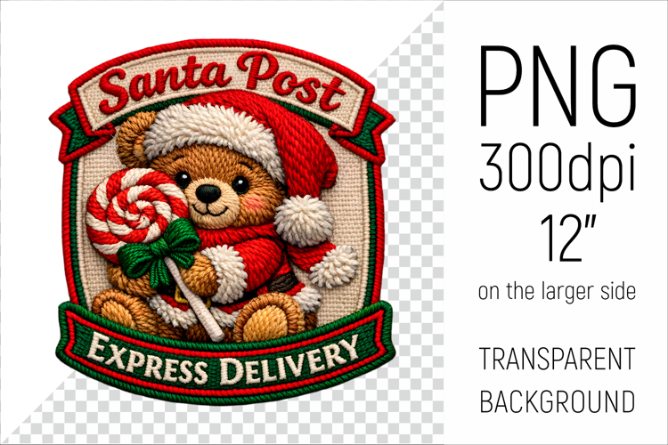 Cute Christmas Teddy Bear Patch | Santa Post Express Deliver