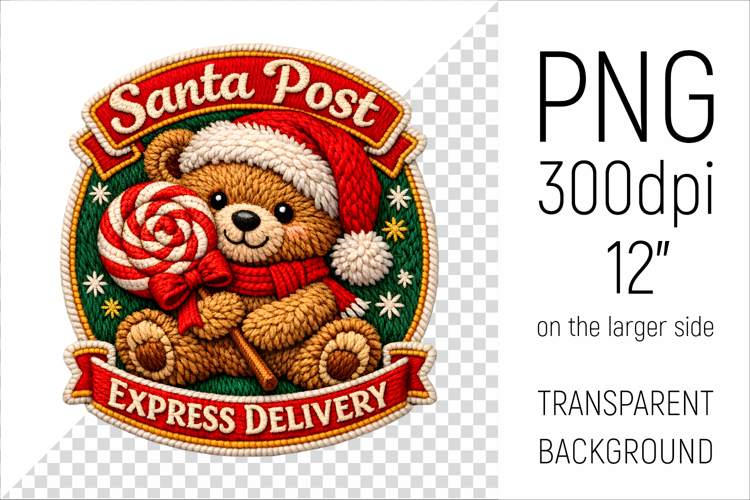 Cute Christmas Teddy Bear Patch | Santa Post Express Deliver