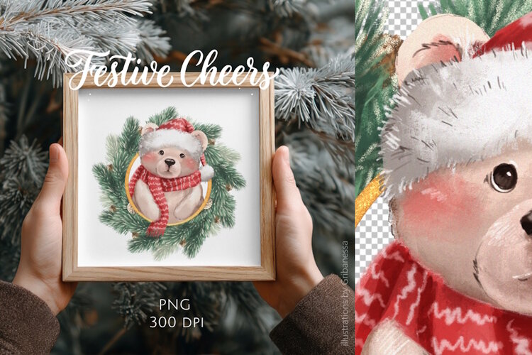 Cute Christmas Teddy Bear Illustration PNG example image 1