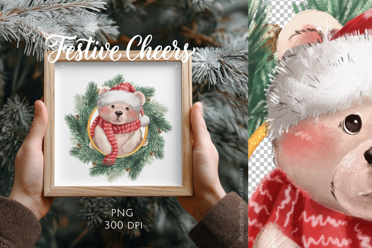 Cute Christmas Teddy Bear Illustration PNG