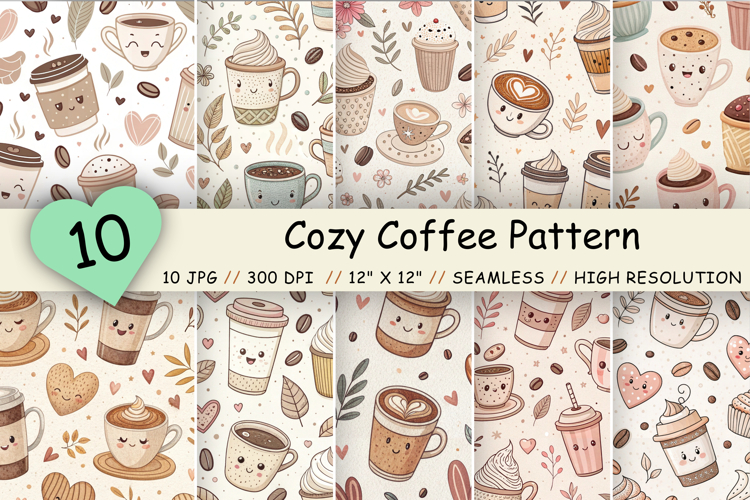 Cute Coffee Seamless Digital Paper Pack, Cozy Coffee Pattern