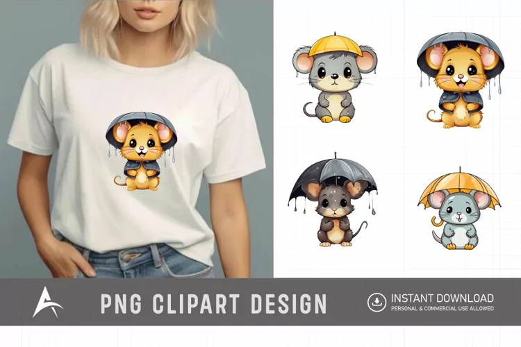 Watercolor Cute Color Full Mouse in Rain Clipart