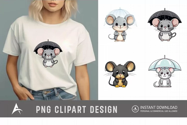 Watercolor Cute Color Full Mouse in Rain Clipart