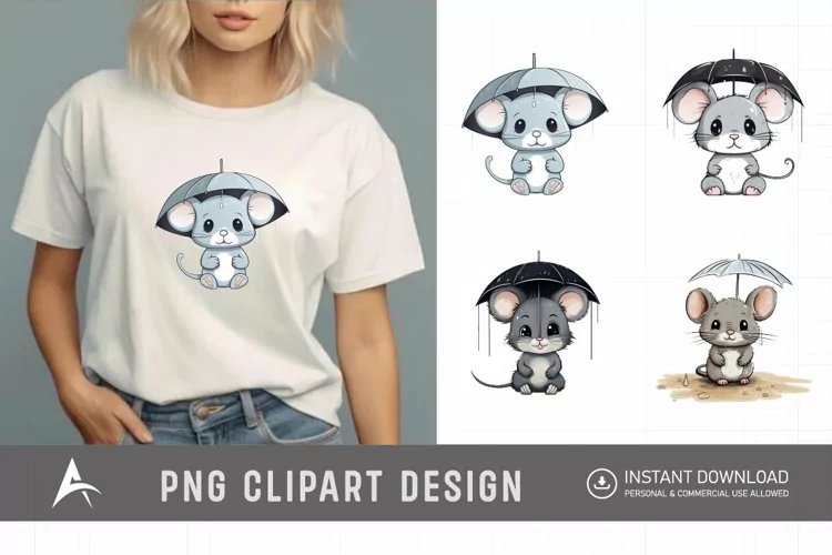 Watercolor Cute Color Full Mouse in Rain Clipart