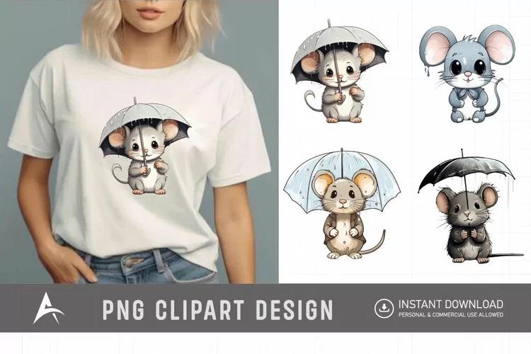 Watercolor Cute Color Full Mouse in Rain Clipart