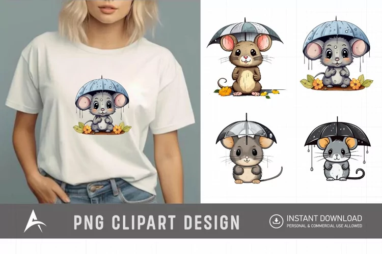 Watercolor Cute Color Full Mouse in Rain Clipart