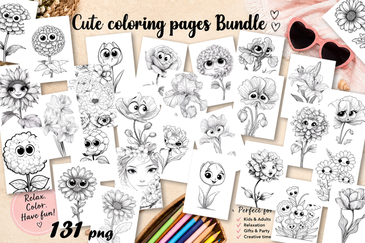 Summer flowers with Big Eyes Design |Coloring pagess Bundle