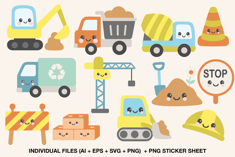 Cute Construction Vehicles Clipart | Kawaii Builder Set
