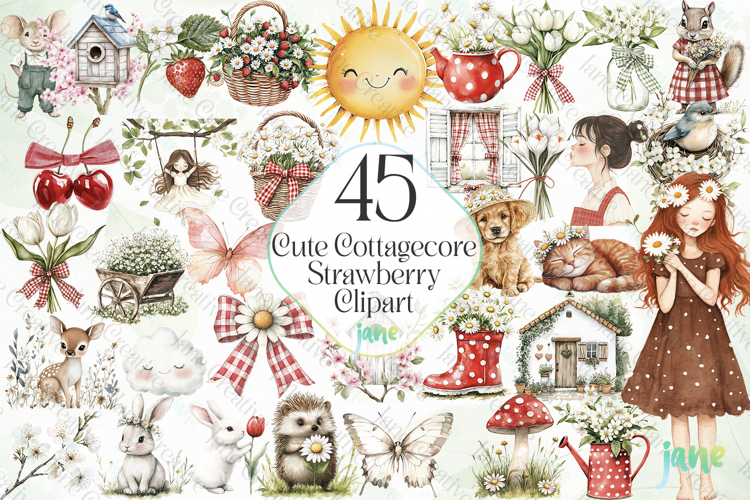 Cute Cottagecore Strawberry Clipart Bundle example image 1