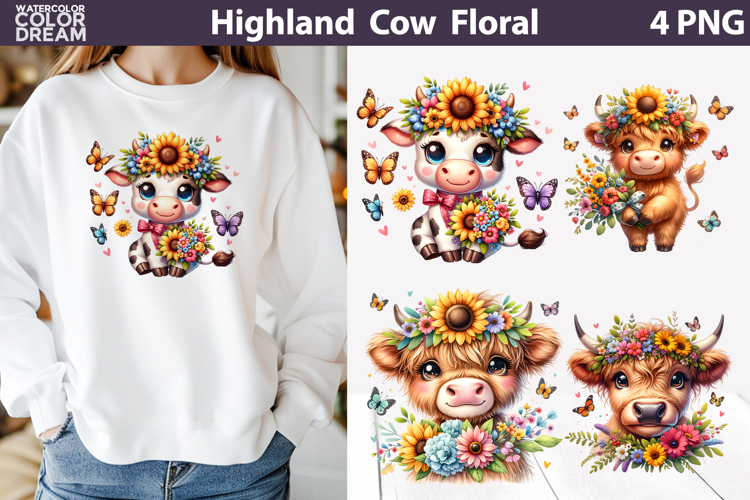 Highland Cow Wildflowers Clipart | Sunflowers Farm Sublimat