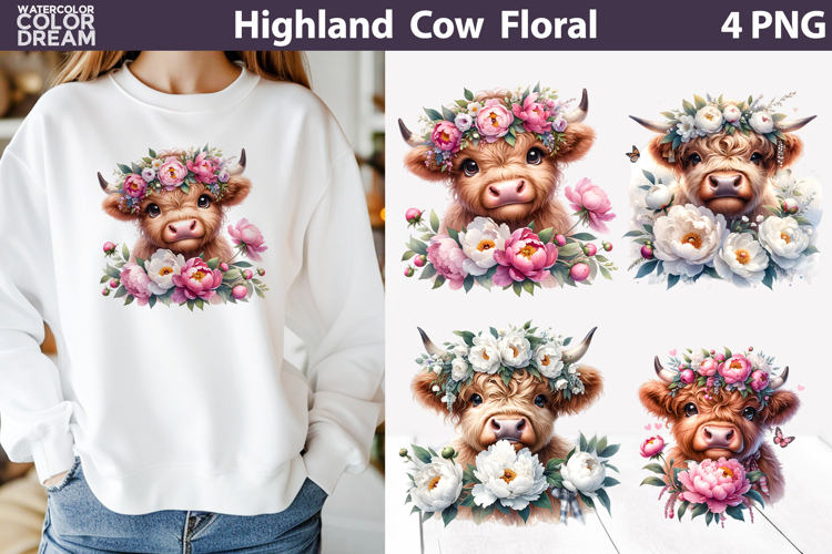 Highland Cow Peony Floral Clipart | Boho Sublimation