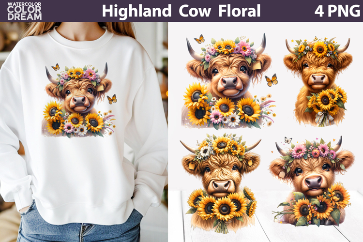 Highland Cow Sunflower Clipart | Farm Sublimation